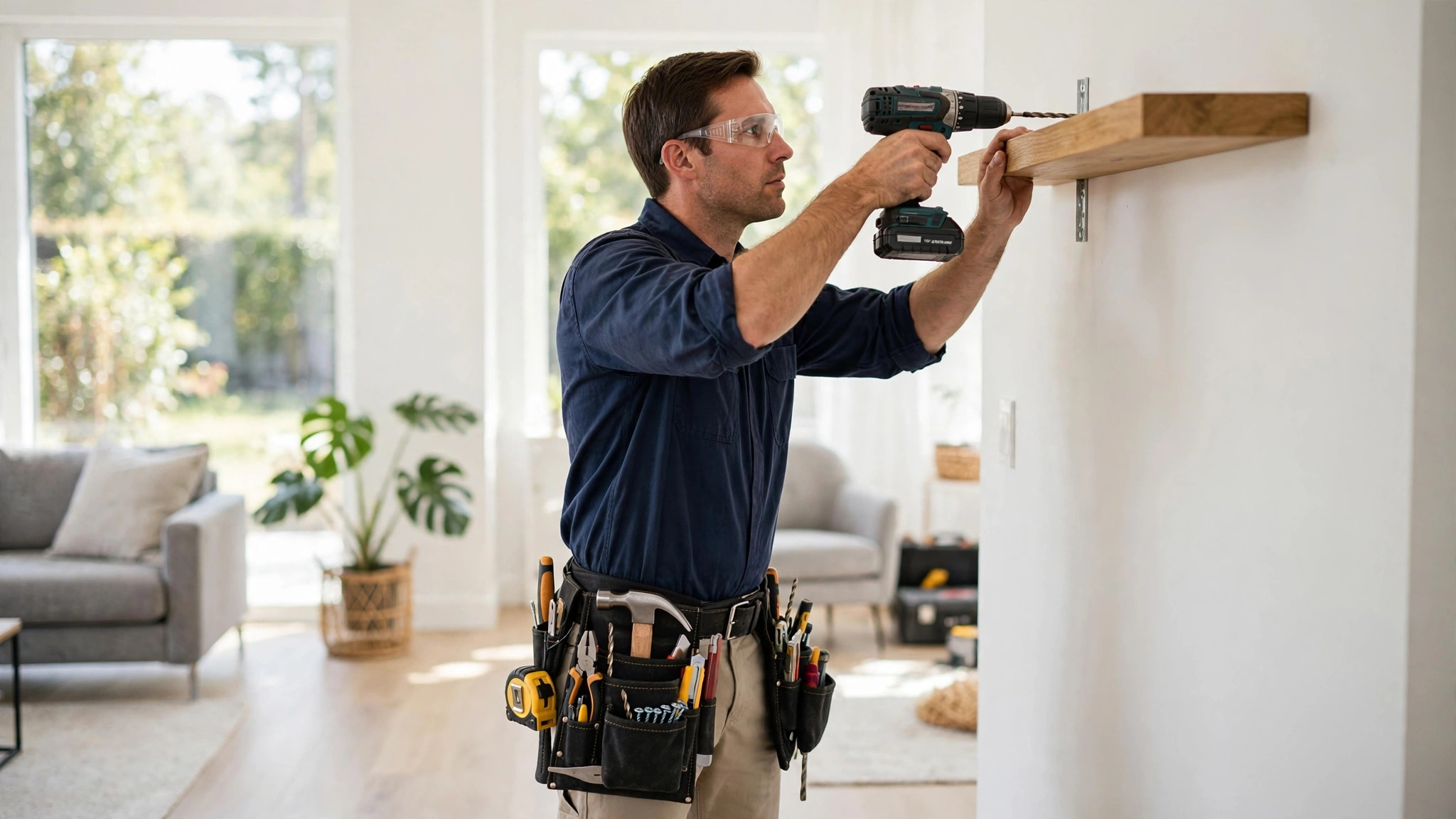 A handyman drilling a shelf bracket during a Wilkes-Barre handyman job