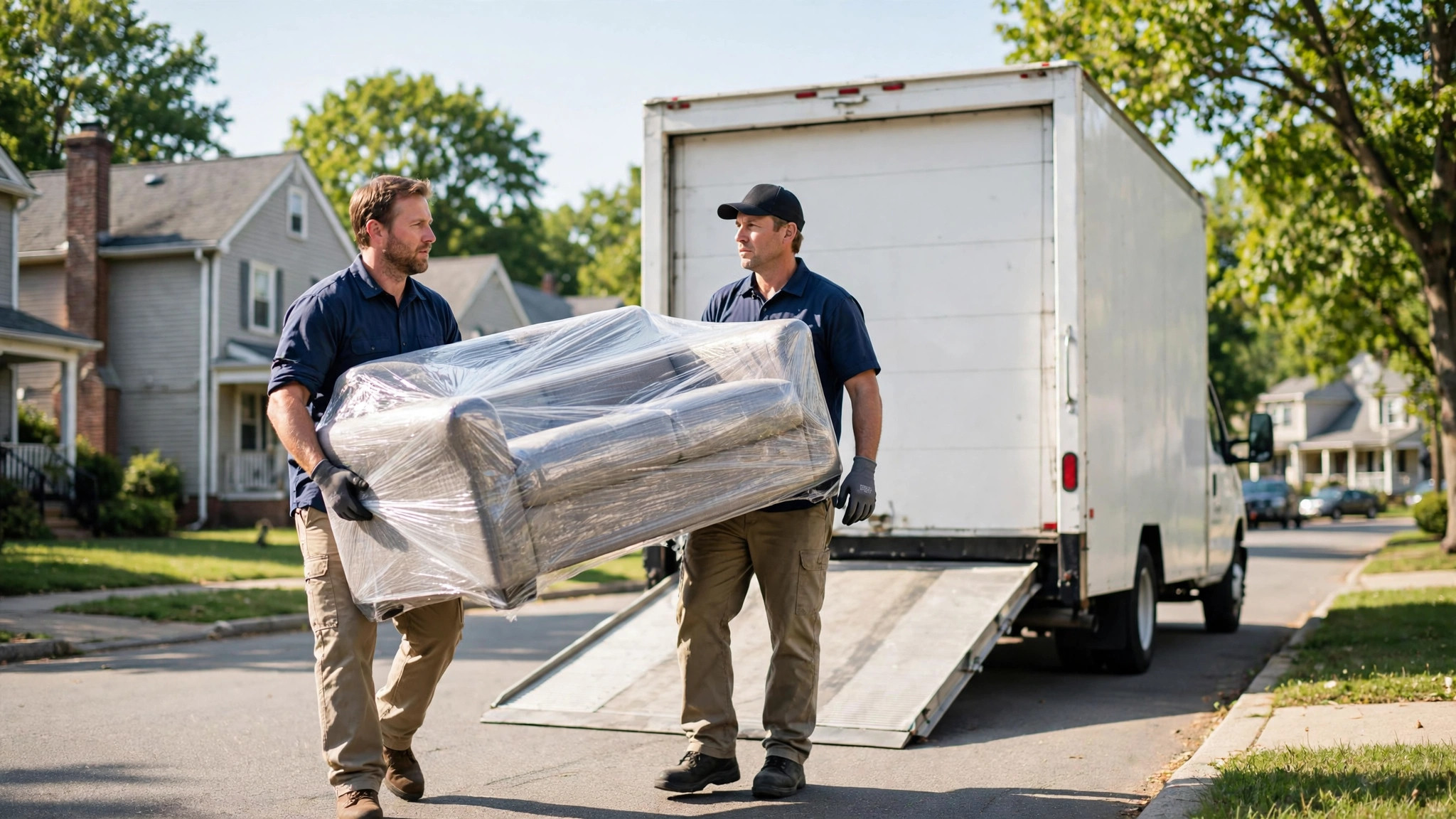 Capital 7 movers carrying a shrink-wrapped sofa toward a box truck on a Wilkes-Barre street