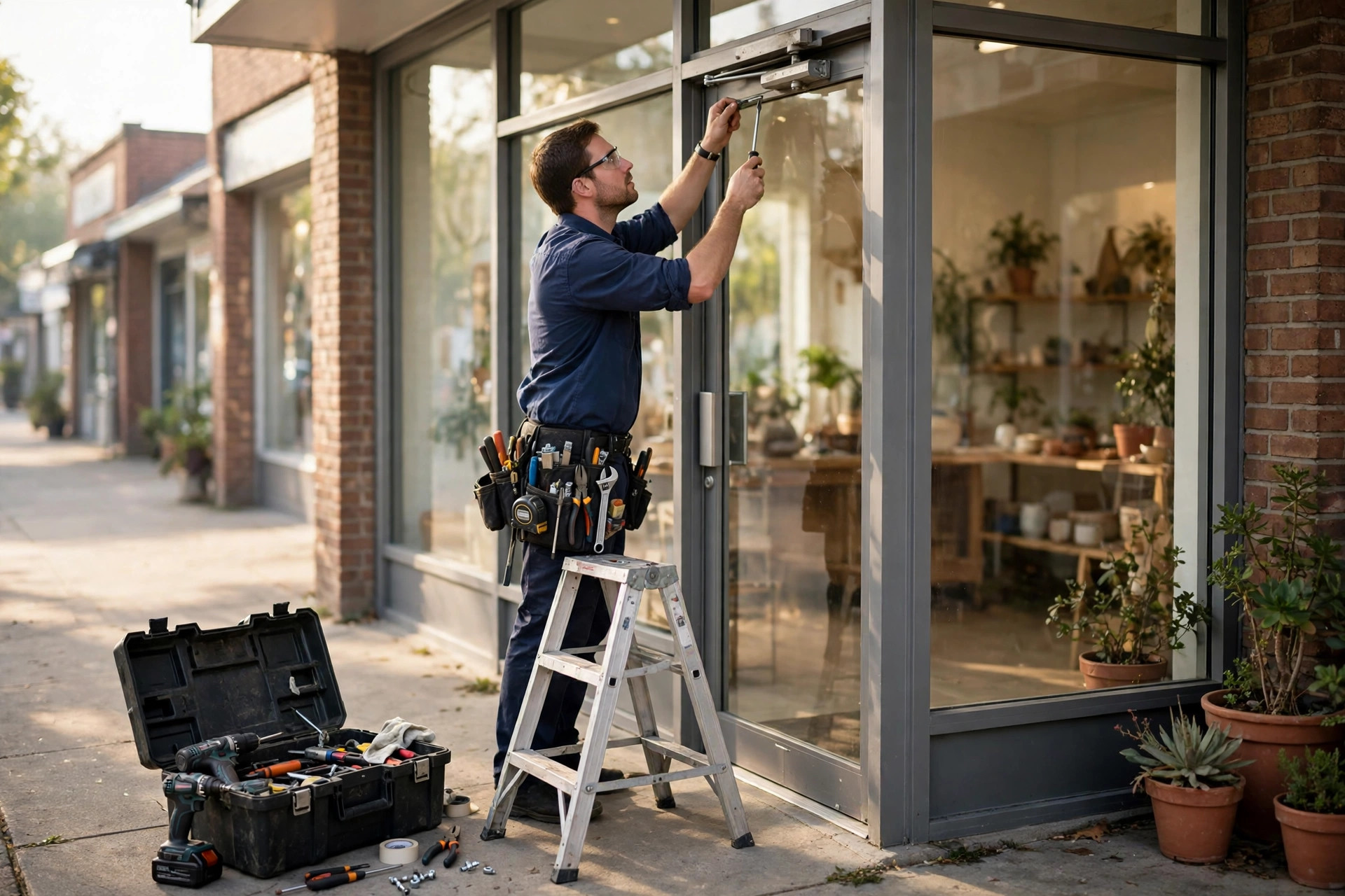 A maintenance technician repairing the door closer on a glass storefront entrance
