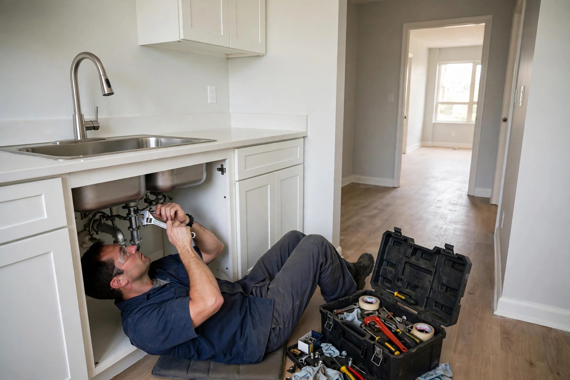 A maintenance worker repairing plumbing under a sink in a rental property