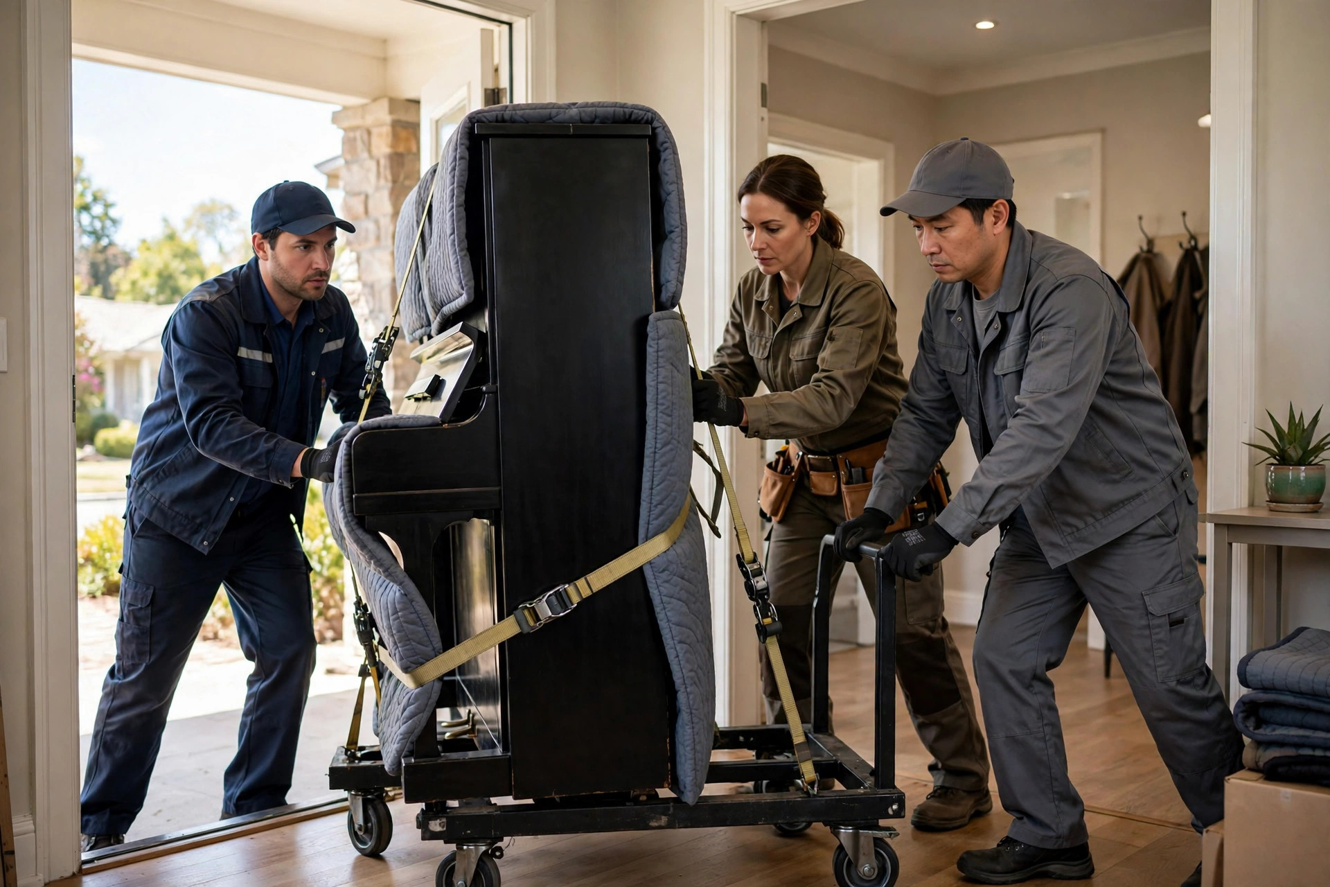 Three movers carefully moving a padded upright piano strapped to a dolly through a doorway