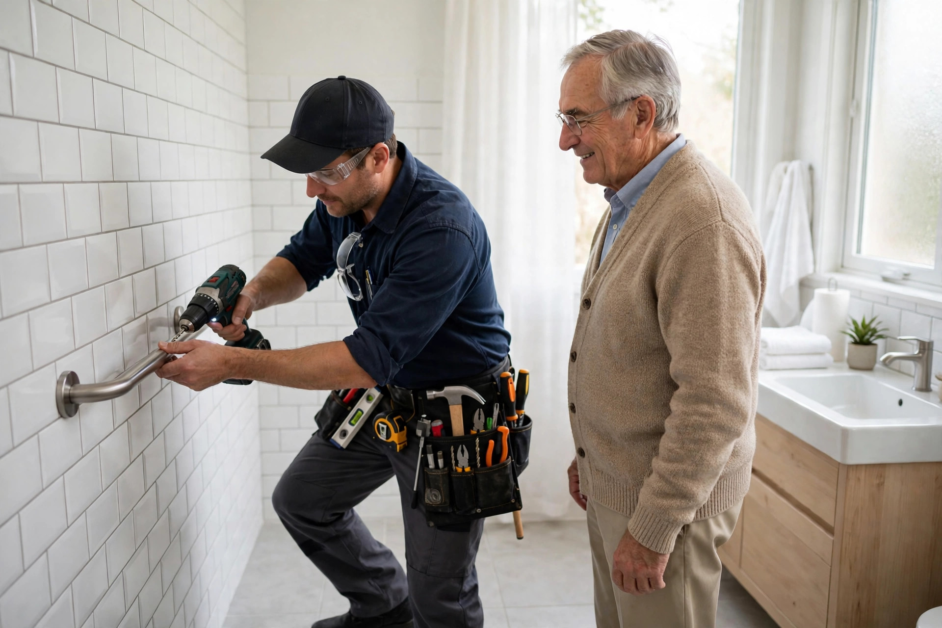 A handyman installing a grab bar in a senior's bathroom while she watches