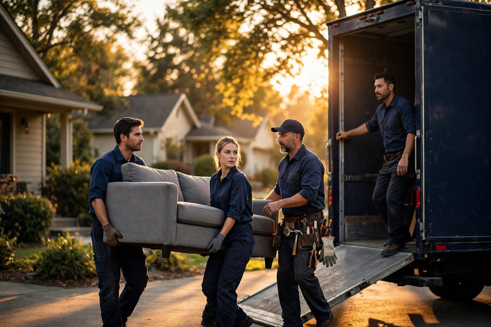 Capital 7 moving crew carrying a sofa up a truck ramp at golden hour