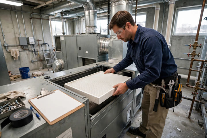 A technician changing an HVAC filter with a clipboard during a preventive maintenance visit