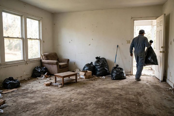 A worker carrying full trash bags out of a vacant rental unit during a cleanout