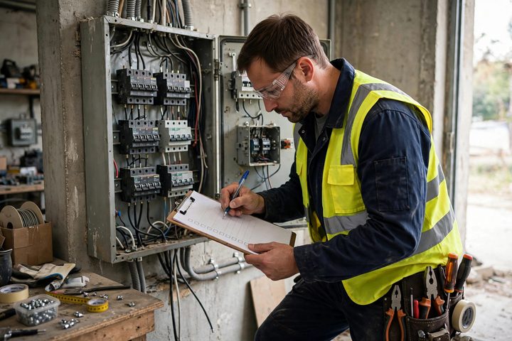 A technician with a clipboard inspecting an electrical panel during a property walkthrough